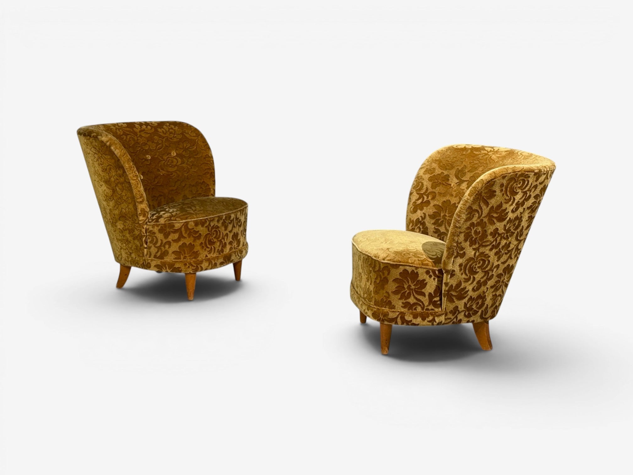 Finnish Modern, Easy Chairs, Damask, Beech, Finland, 1940s