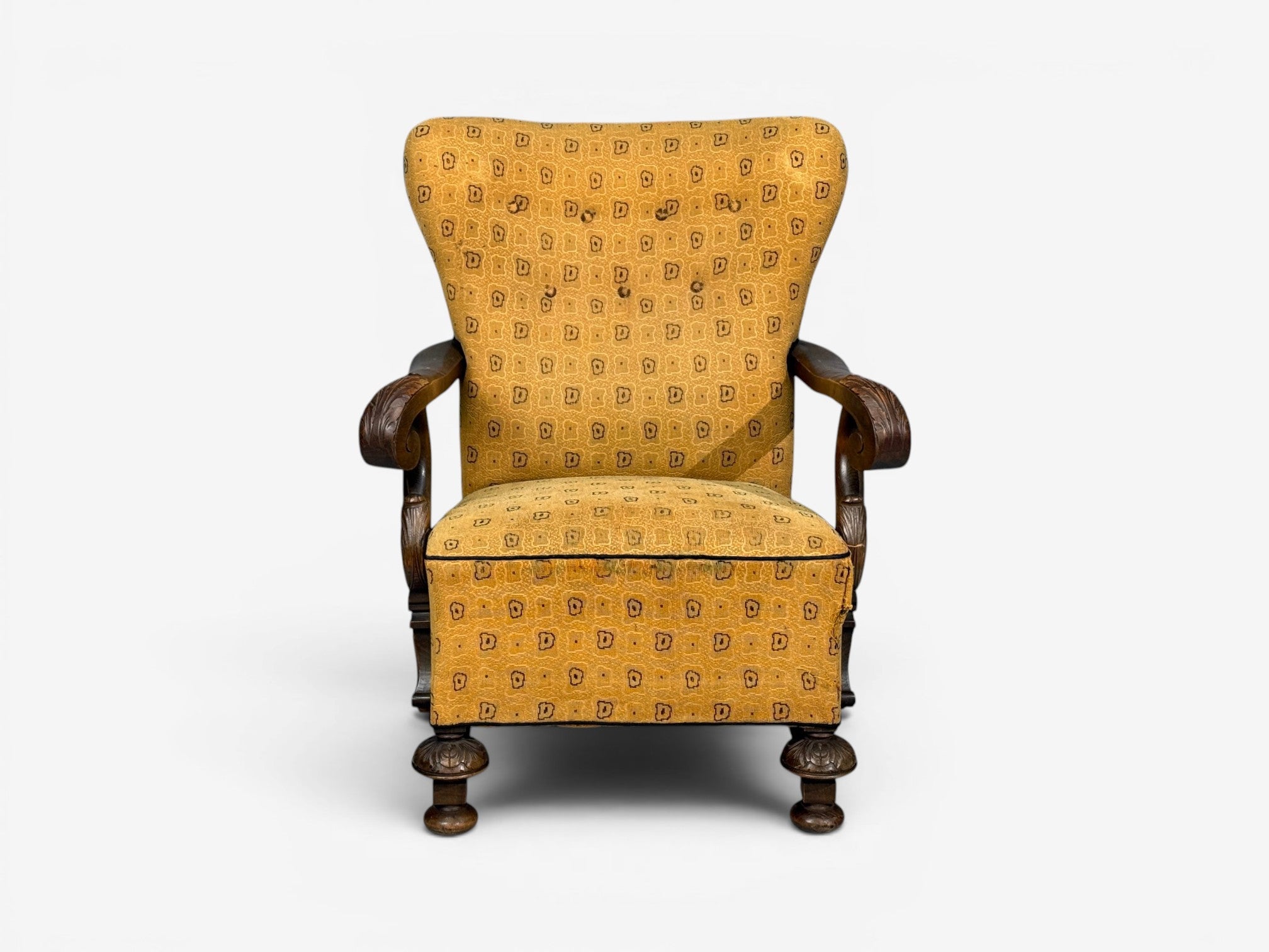 Scandinavian Modern, Lounge Chair, Carved Wood, Fabric, Denmark, 1960s