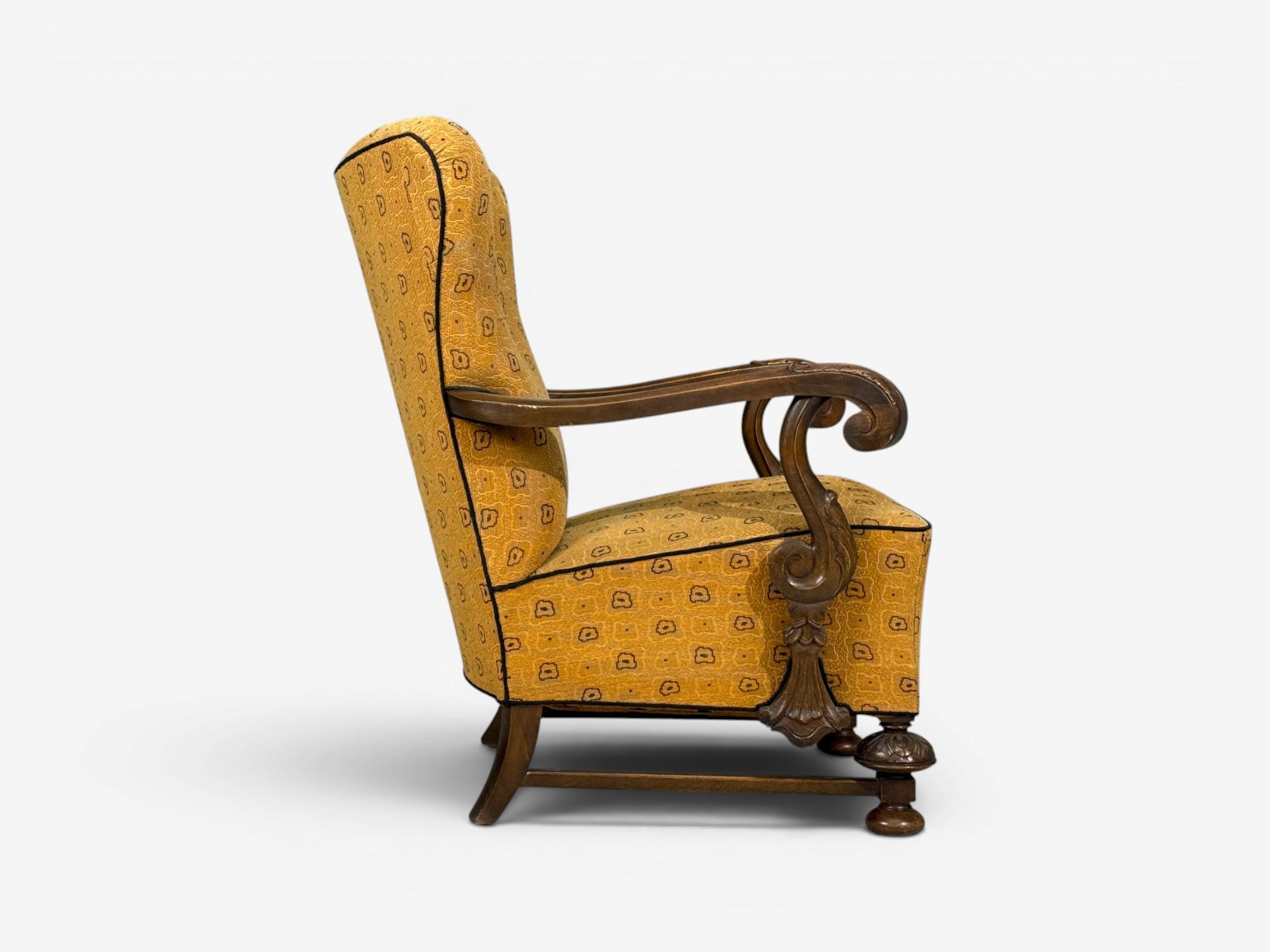 Scandinavian Modern, Lounge Chair, Carved Wood, Fabric, Denmark, 1960s
