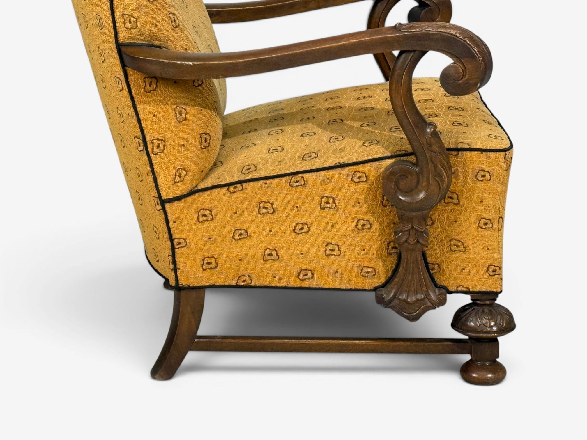 Scandinavian Modern, Lounge Chair, Carved Wood, Fabric, Denmark, 1960s