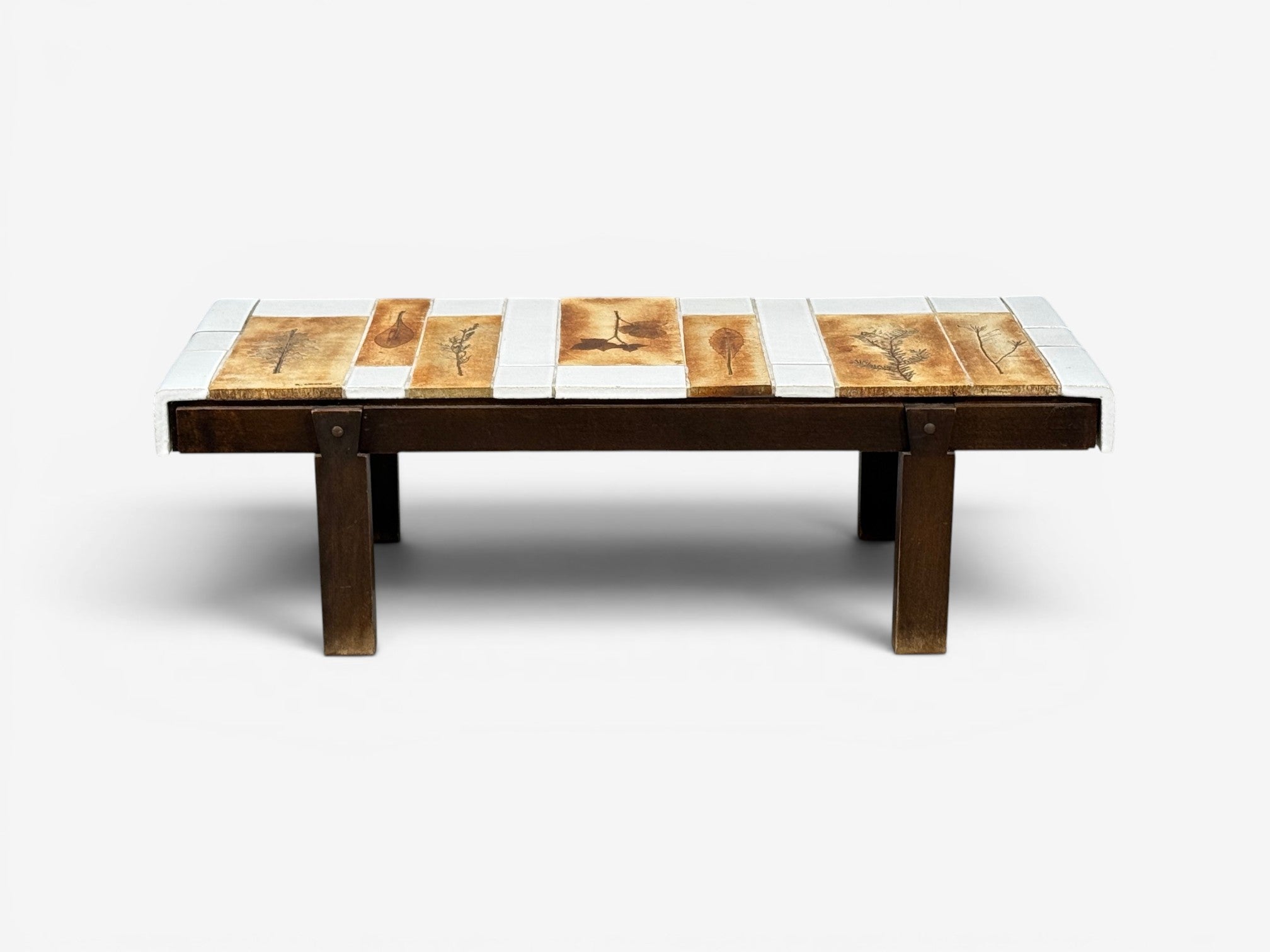 Roger Capron, Low Coffee Table, Tile, Stained Wood, France, 1970s