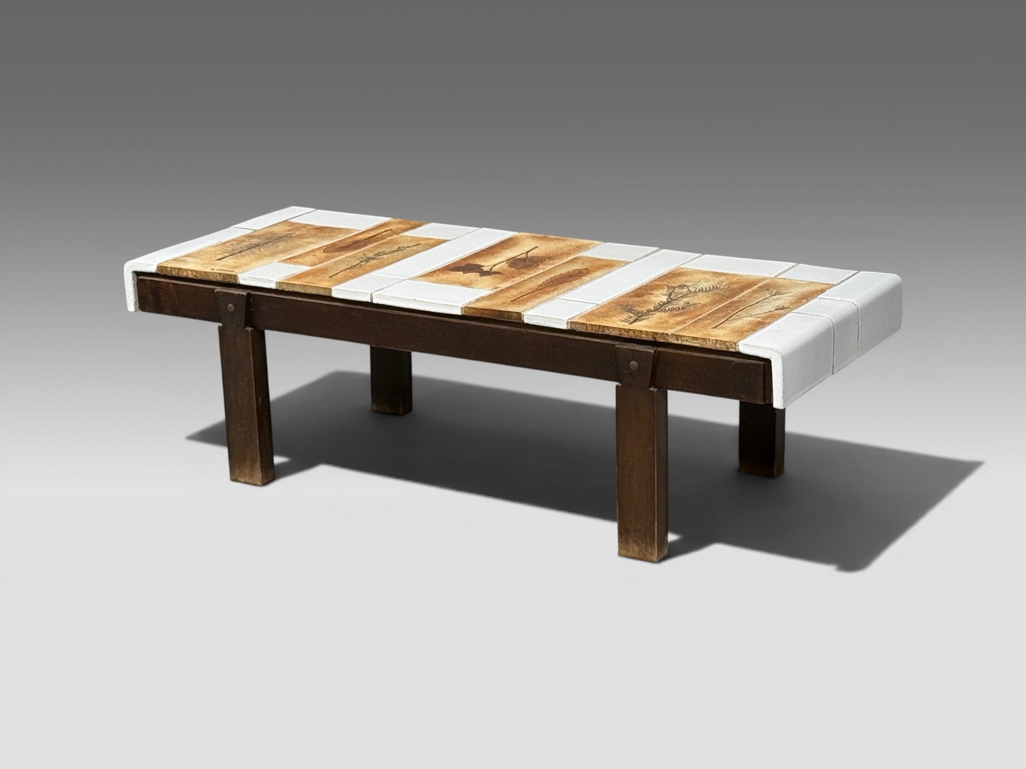 Roger Capron, Low Coffee Table, Tile, Stained Wood, France, 1970s