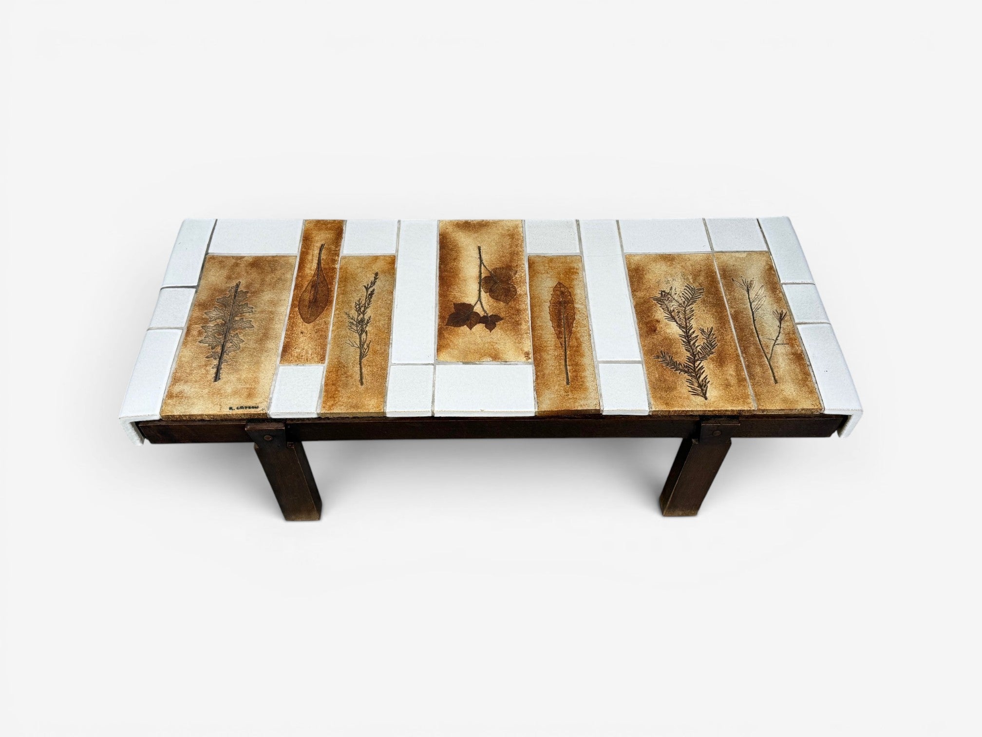 Roger Capron, Low Coffee Table, Tile, Stained Wood, France, 1970s