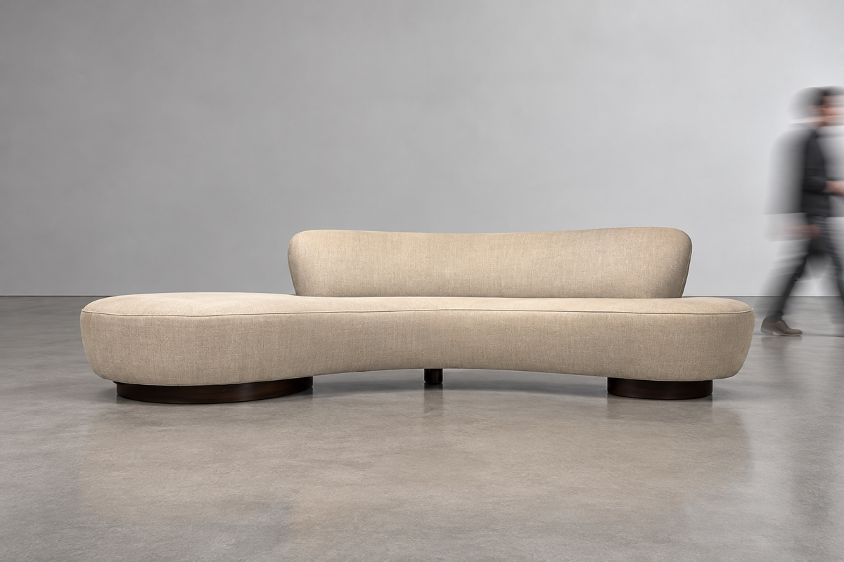 Vladimir Kagan, Large Serpentine Sofa, Walnut, Light Grey Fabric, USA, 2000s