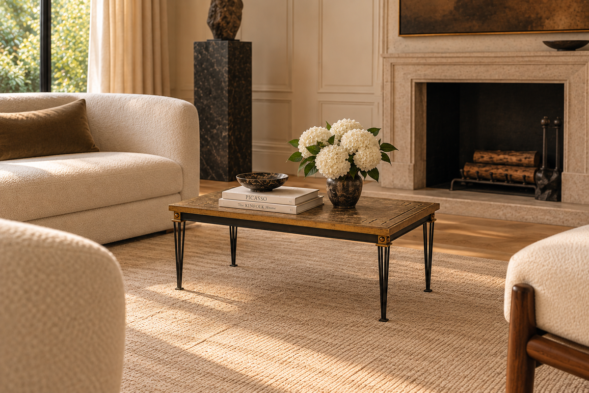 Jacques Quinet Style, Coffee Table, Gold Églomisé Glass, Iron, France, 1960s