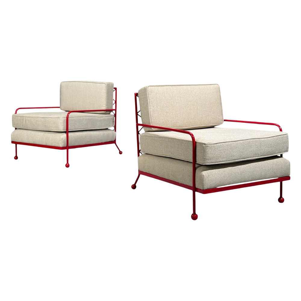French Mid-Century Modern Style, Red Painted Metal, Linen, Lounge Chairs