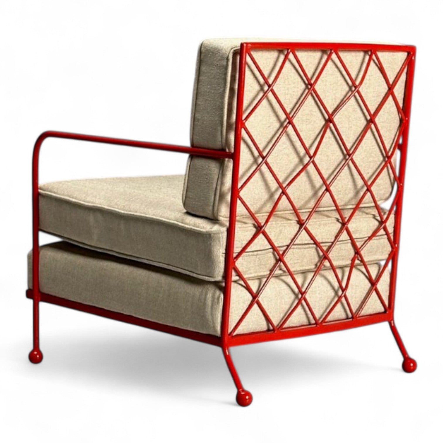 French Mid-Century Modern Style, Red Painted Metal, Linen, Lounge Chair, 20th c.