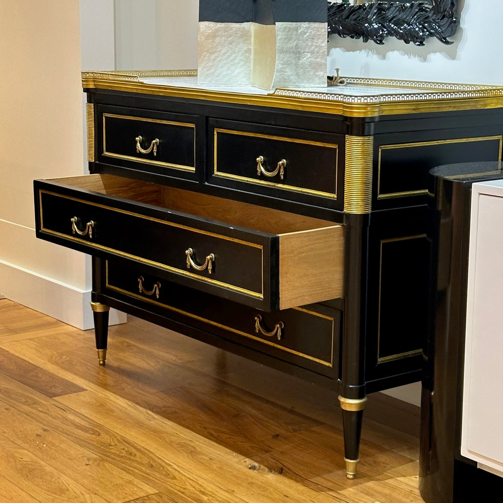 Louis XVI Style, Hollywood Regency, Commodes, Black Painted Wood, Bronze, Marble