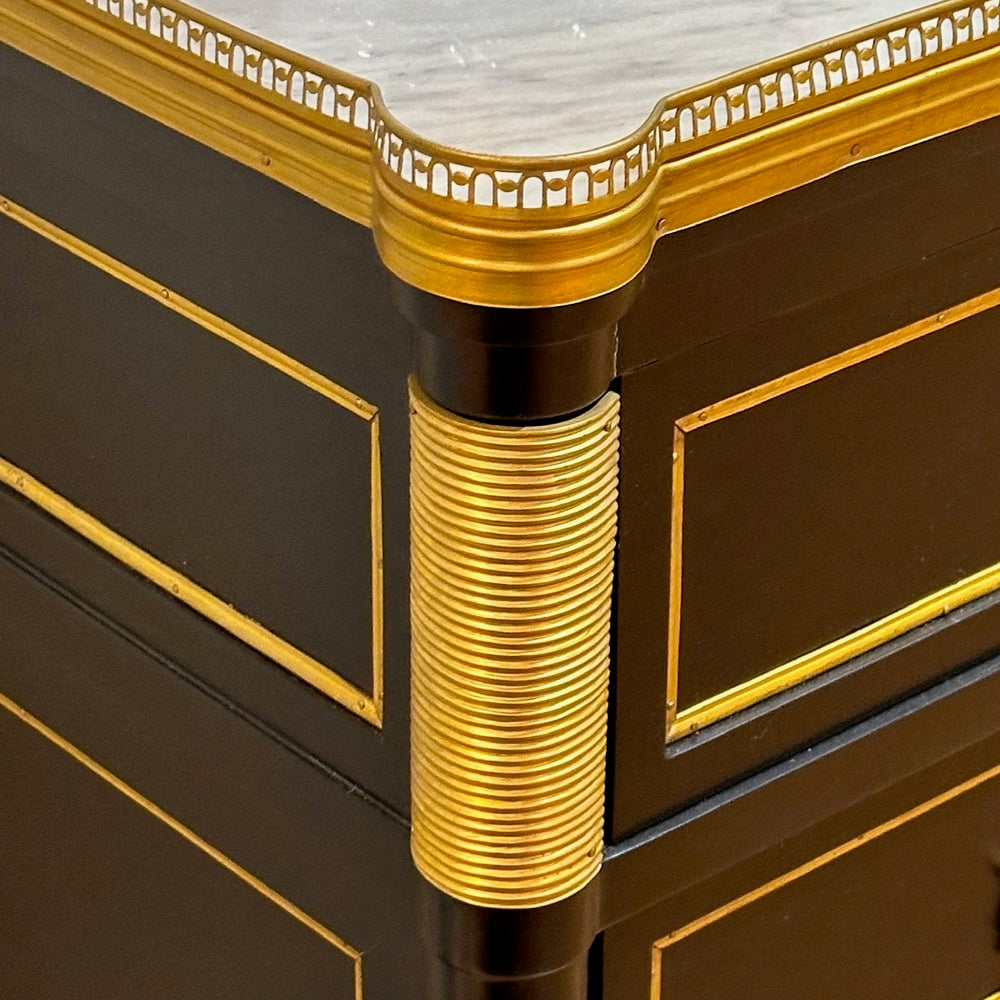 Louis XVI Style, Hollywood Regency, Commodes, Black Painted Wood, Bronze, Marble
