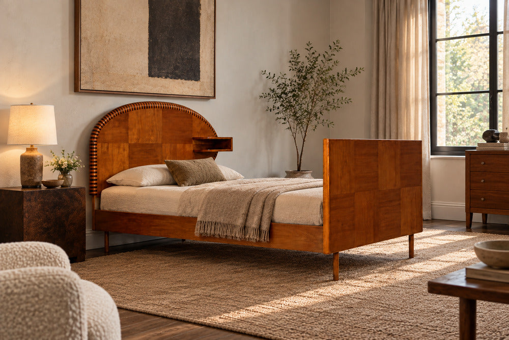 Italian Mid-Century Modern, Twin Bed with Shelf, Marquetry, Italy, 1950s