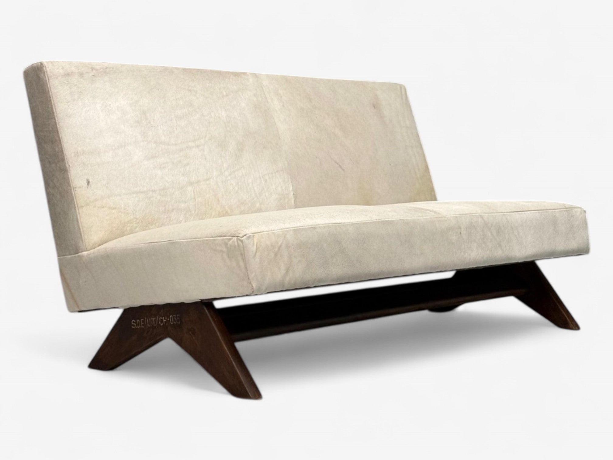 Pierre Jeanneret, French Mid-Century Modern, Fireside Sofa Set, White Cowhide, Teak