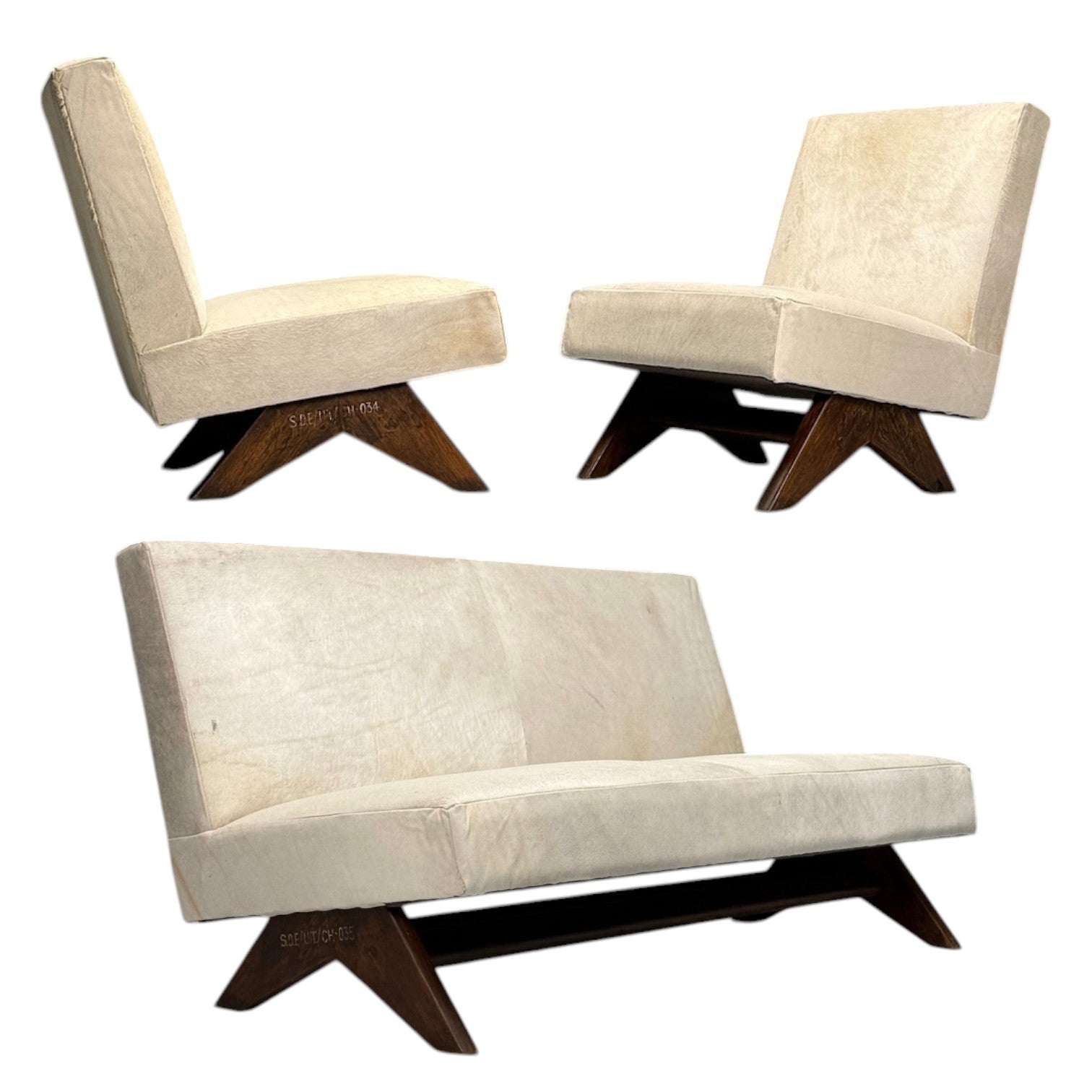 Pierre Jeanneret, French Mid-Century Modern, Fireside Sofa Set, White Cowhide, Teak