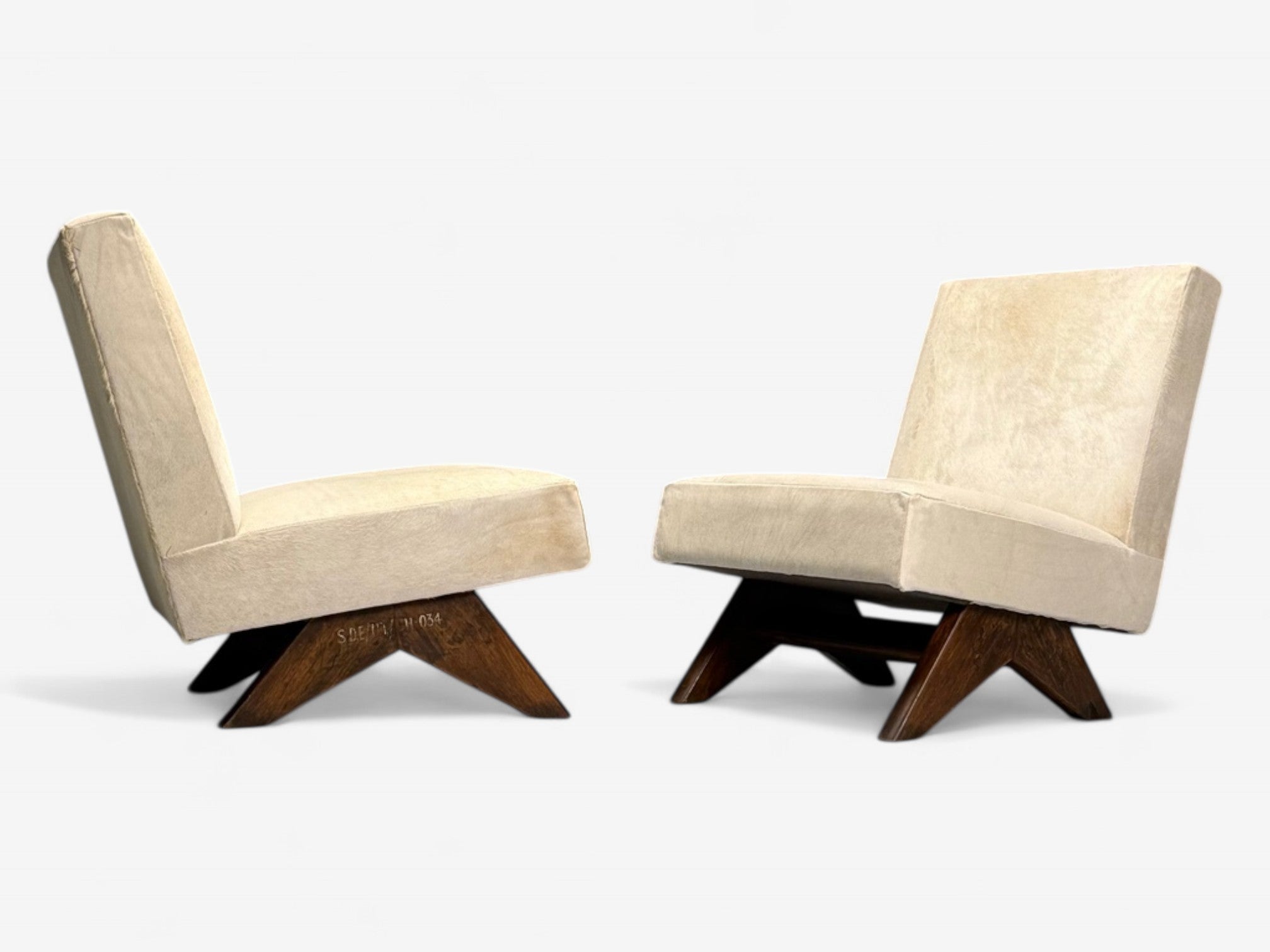 Pierre Jeanneret, French Mid-Century Modern, Fireside Sofa Set, White Cowhide, Teak