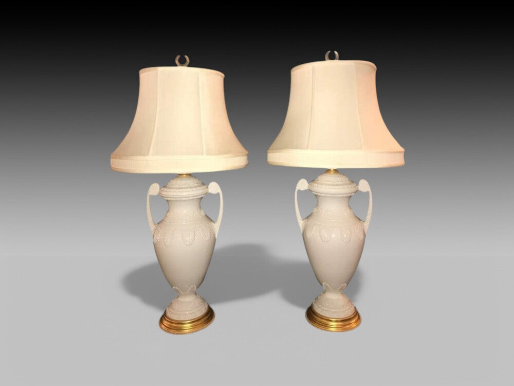 Frederick Cooper, Lenox, Neoclassical Style, White Porcelain, Table Lamps, 1980s
