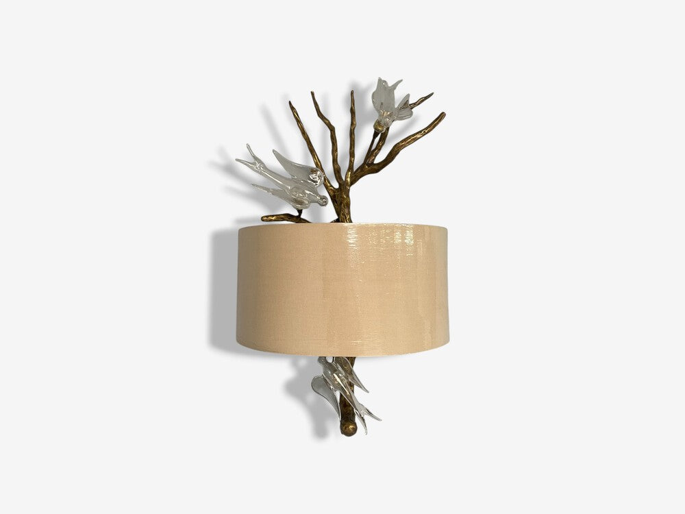 Brutalist Modern, Hammered Bronze, Crystal, Linen, Bird Wall Sconces, 21st C.