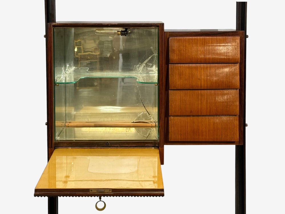 Italian Modern, Floor to Ceiling Bookcase, Stained Wood, Glass, Italy, 1940s