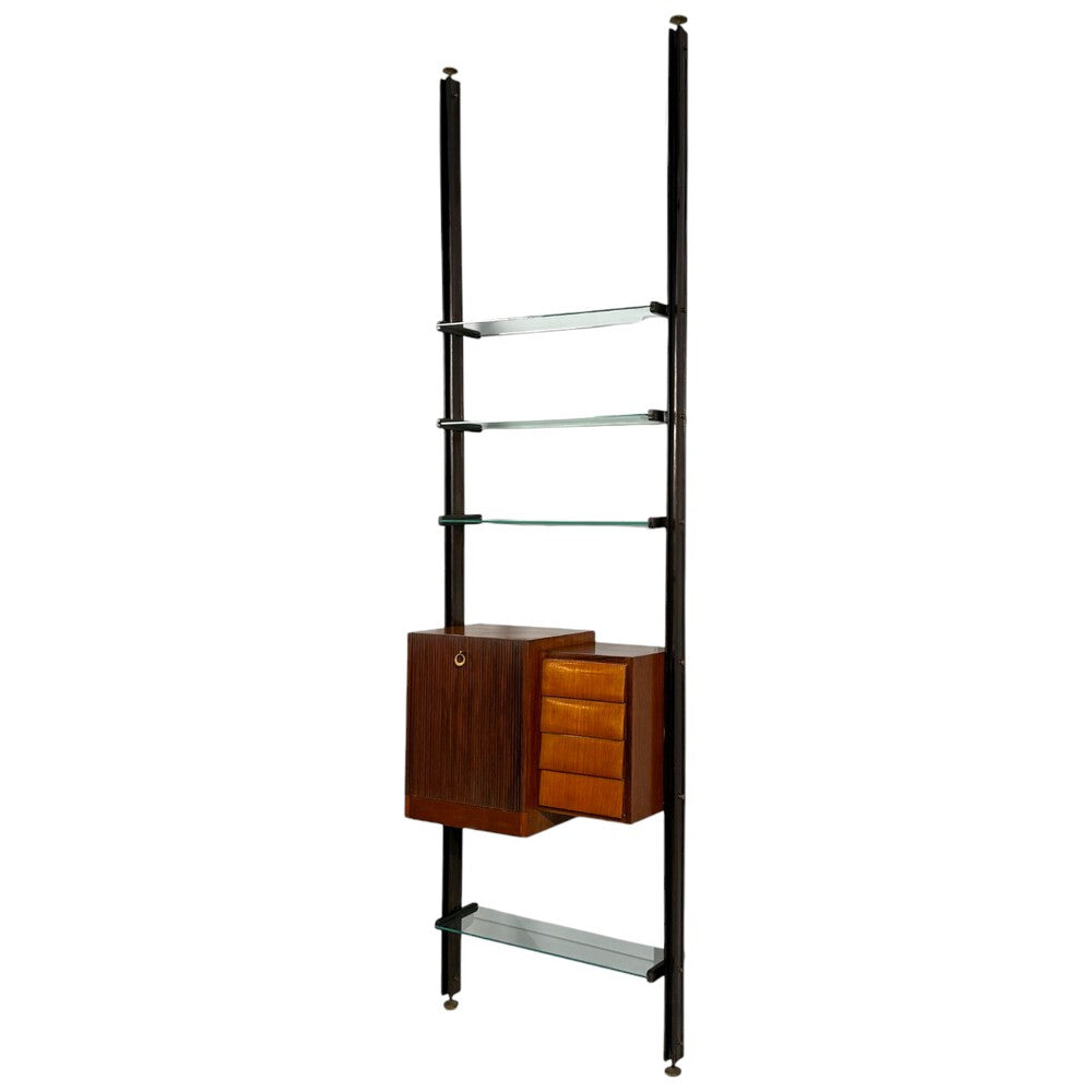 Italian Modern, Floor to Ceiling Bookcase, Stained Wood, Glass, Italy, 1940s