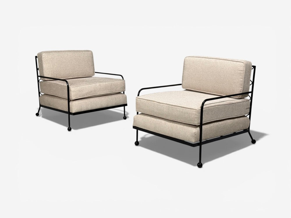 French Mid-Century Modern Style, Lounge Chairs, Black Painted Metal, Brown Linen, 20th