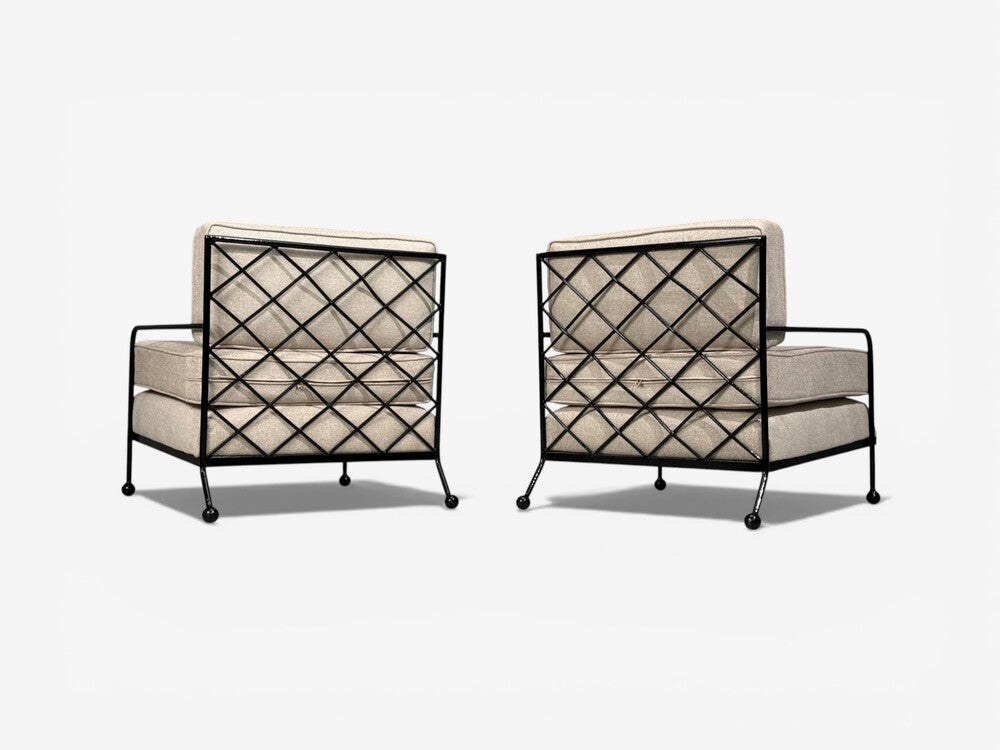 French Mid-Century Modern Style, Lounge Chairs, Black Painted Metal, Brown Linen, 20th c.