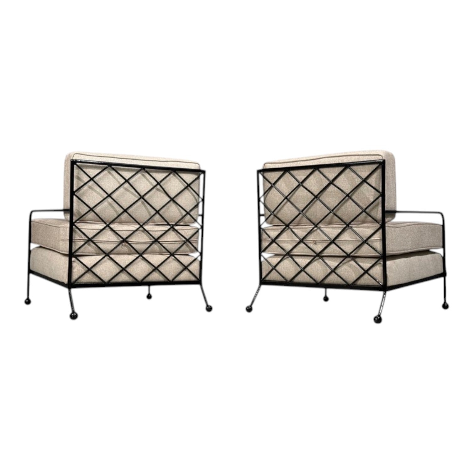 French Mid-Century Modern Style, Lounge Chairs, Black Painted Metal, Brown Linen, 20th c.