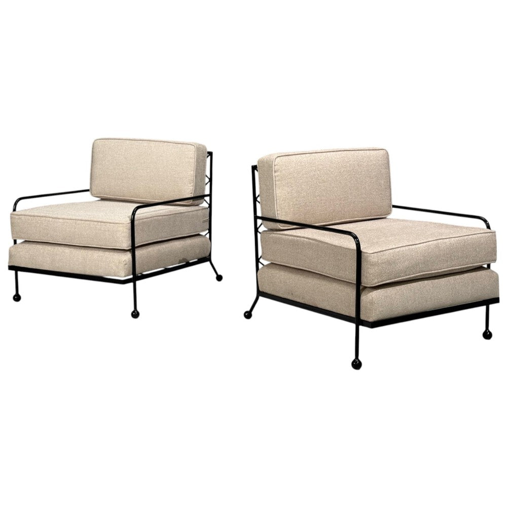 French Mid-Century Modern Style, Lounge Chairs, Black Painted Metal, Brown Linen, 20th