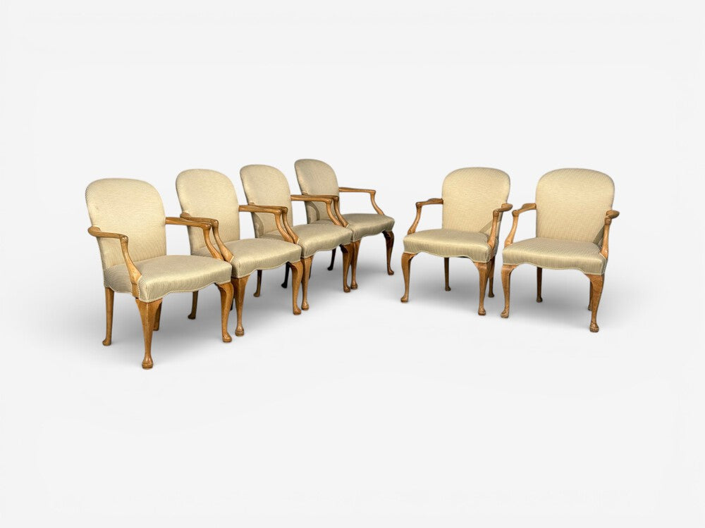 Queen Anne Style, Six Dining Chairs, Light Wood, Fabric, USA, 1940s