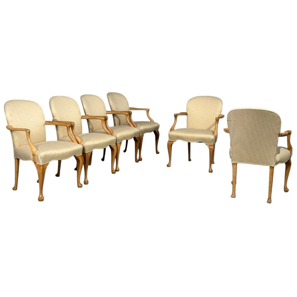Queen Anne Style, Six Dining Chairs, Light Wood, Fabric, USA, 1940s