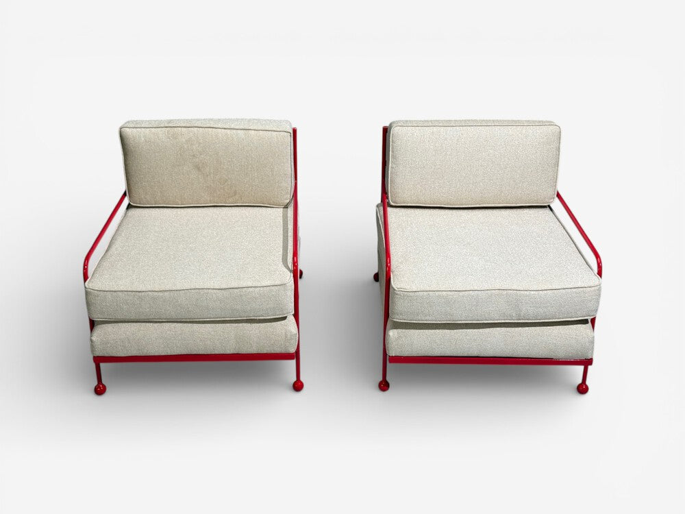 French Mid-Century Modern Style, Red Painted Metal, Linen, Lounge Chairs
