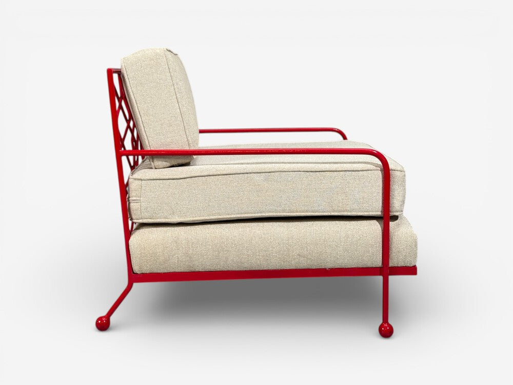 French Mid-Century Modern Style, Red Painted Metal, Linen, Lounge Chairs