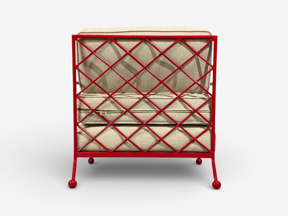 French Mid-Century Modern Style, Red Painted Metal, Linen, Lounge Chairs