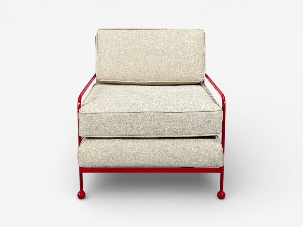 French Mid-Century Modern Style, Red Painted Metal, Linen, Lounge Chairs