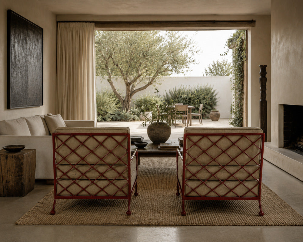 French Mid-Century Modern Style, Red Painted Metal, Linen, Lounge Chairs