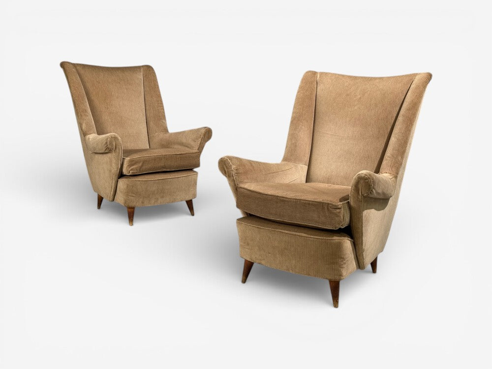 Paolo Buffa Style, Wingback Lounge Chairs, Fabric, Wood, Italy, 1950s
