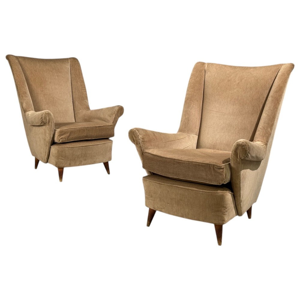 Paolo Buffa Style, Wingback Lounge Chairs, Fabric, Wood, Italy, 1950s