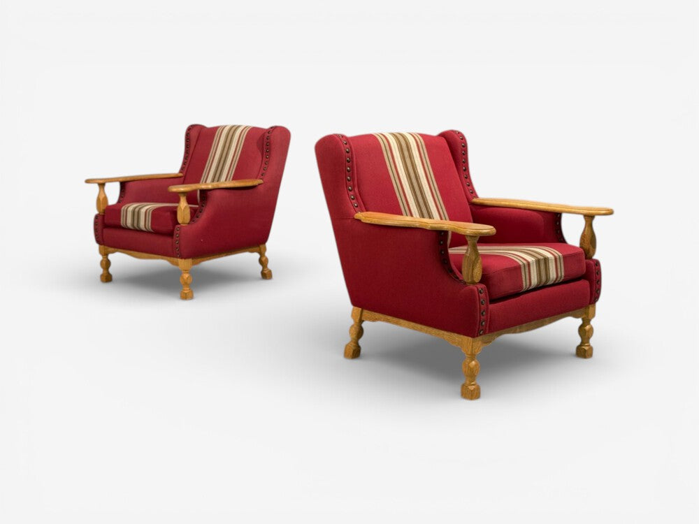 Henning Kjærnulf Style, Lounge Chairs, Red Fabric, Oak, Denmark, 1960s