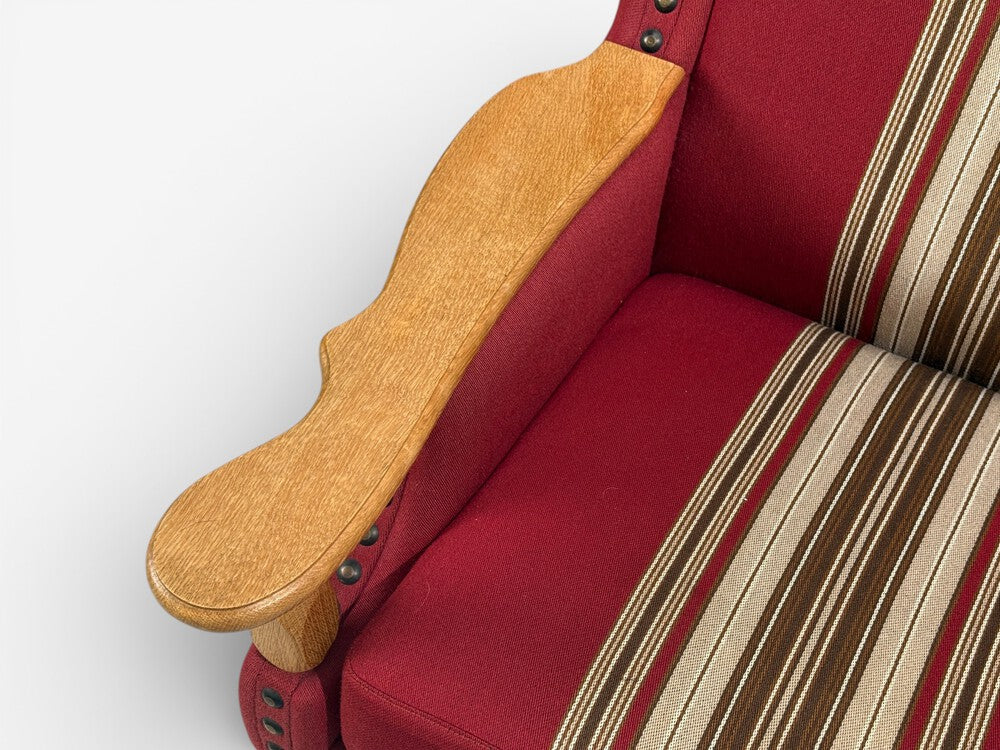 Henning Kjærnulf Style, Lounge Chairs, Red Fabric, Oak, Denmark, 1960s