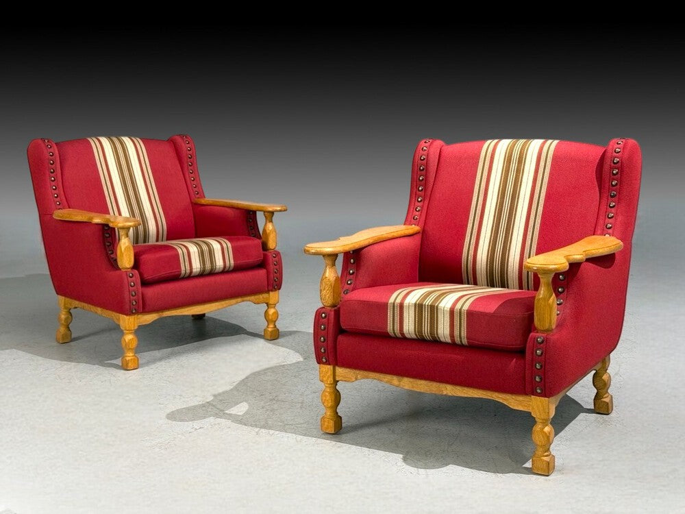 Henning Kjærnulf Style, Lounge Chairs, Red Fabric, Oak, Denmark, 1960s