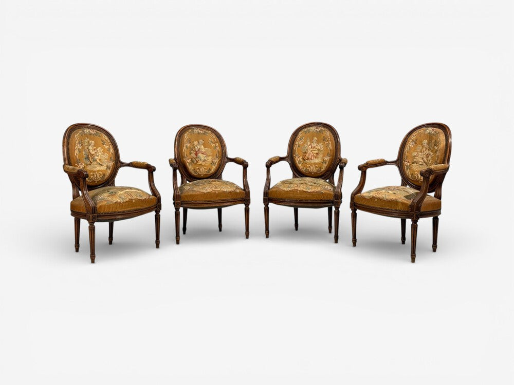 Louis XVI Style, Four Armchairs, Tapestry, Walnut, France, 20th c.