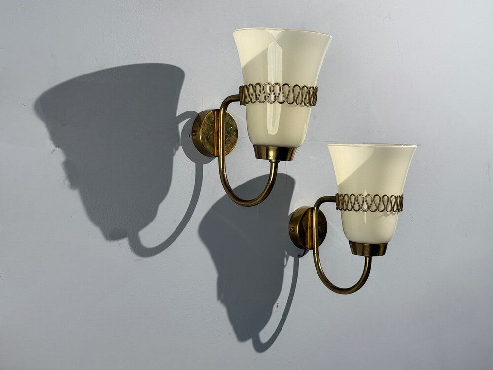 Mauri Almari, Wall Lights, Brass, Glass, Finland, 1960s