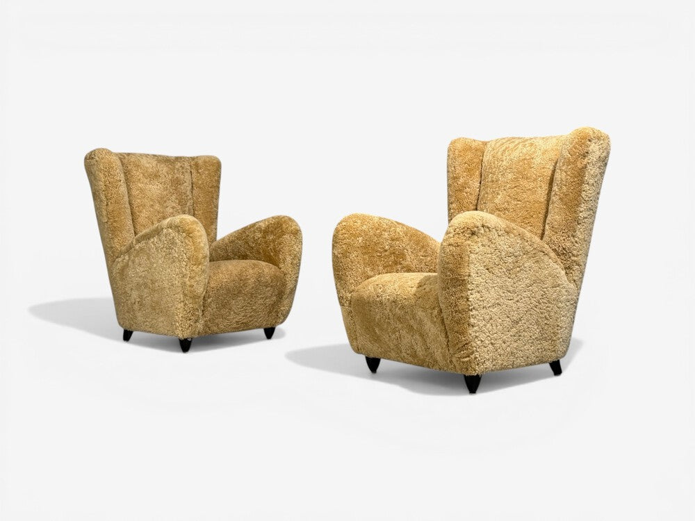 Paolo Buffa Attrib., Beige Shearling, Wood, Lounge Chairs, Italy, 1950s