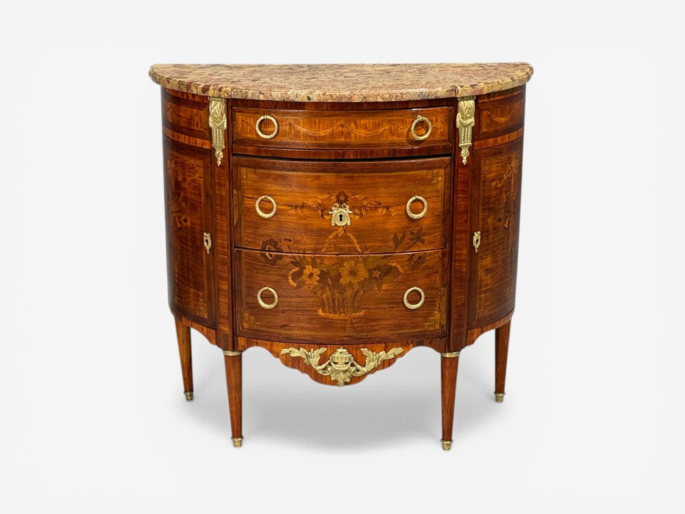 Louis XVI Style, Demilune Commodes, A Pair, Inlaid, Bronze, France, 19th c.