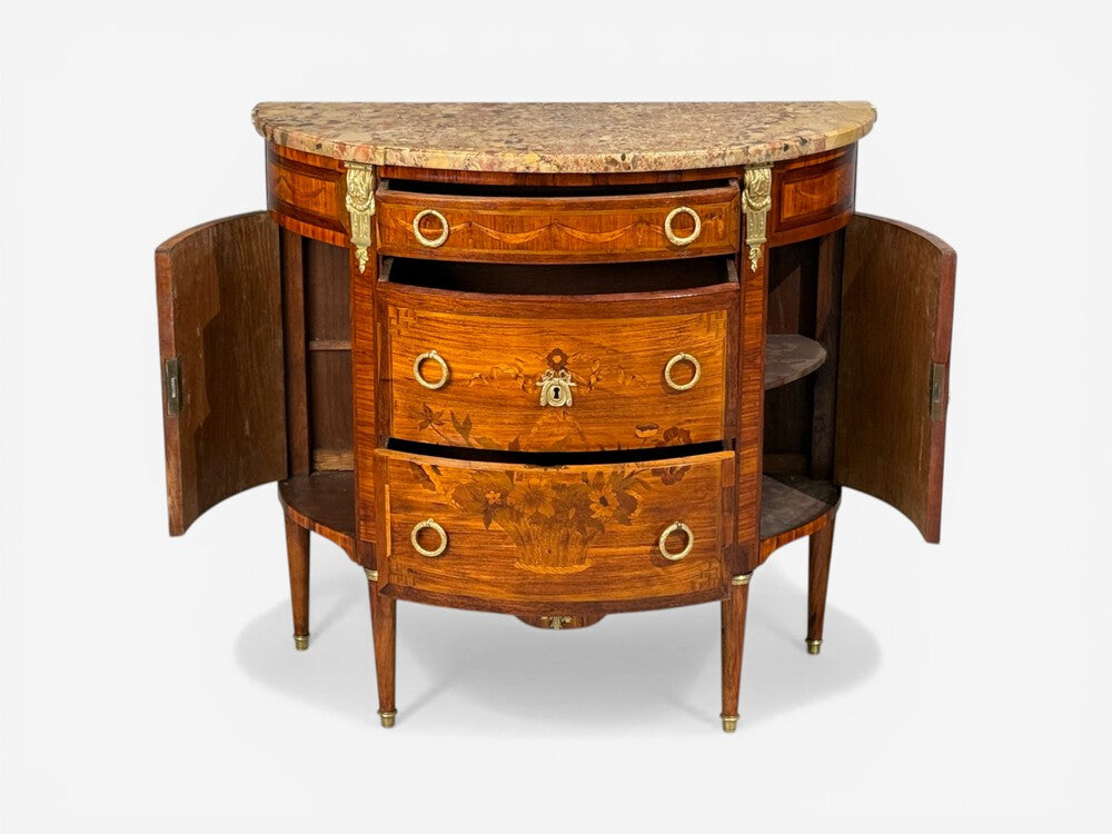 Louis XVI Style, Demilune Commodes, A Pair, Inlaid, Bronze, France, 19th c.