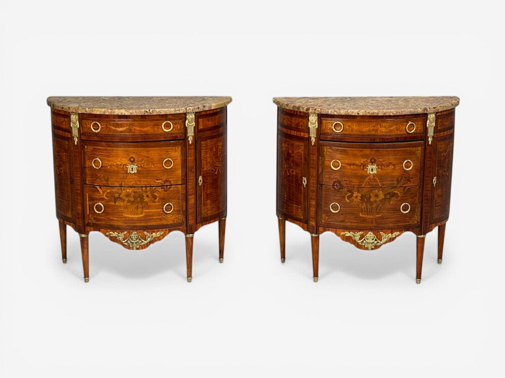Louis XVI Style, Demilune Commodes, A Pair, Inlaid, Bronze, France, 19th c.