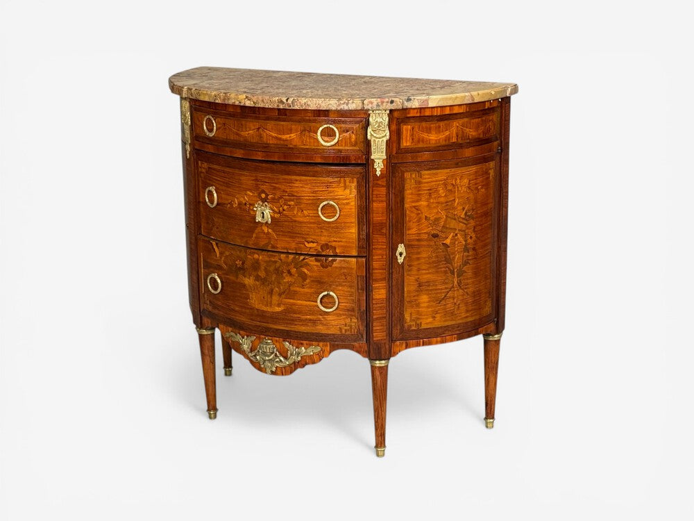 Louis XVI Style, Demilune Commodes, A Pair, Inlaid, Bronze, France, 19th c.
