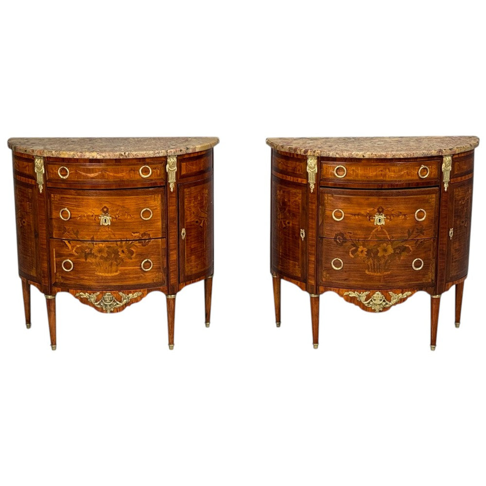 Louis XVI Style, Demilune Commodes, A Pair, Inlaid, Bronze, France, 19th c.