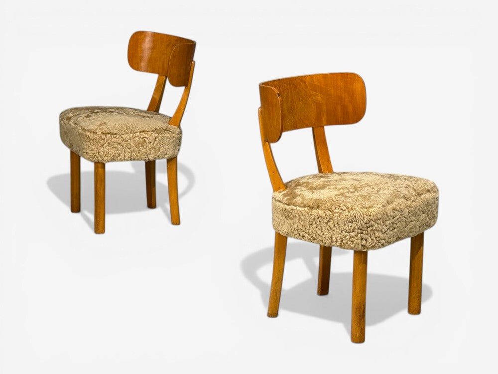 Axel Einar Hjorth, Rare Birka Chairs, Birch, Honey Sheepskin, Sweden, 1930s