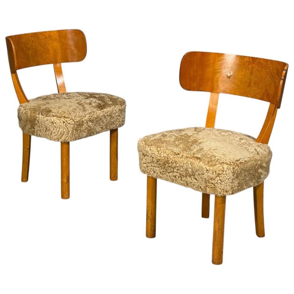 Axel Einar Hjorth, Rare Birka Chairs, Birch, Honey Sheepskin, Sweden, 1930s