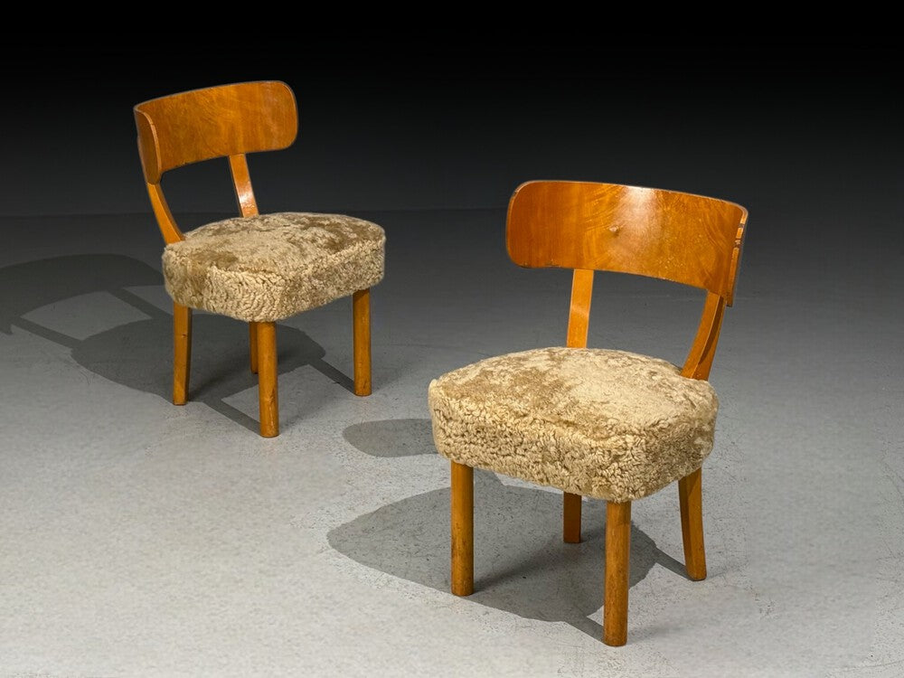 Axel Einar Hjorth, Rare Birka Chairs, Birch, Honey Sheepskin, Sweden, 1930s