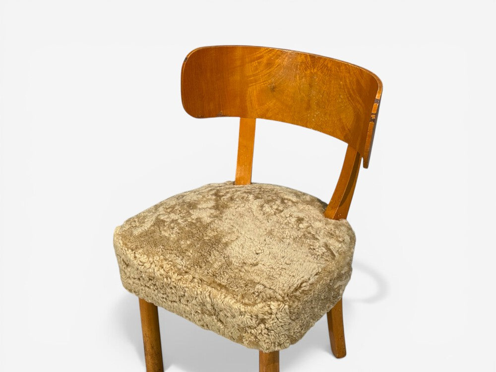 Axel Einar Hjorth, Rare Birka Chairs, Birch, Honey Sheepskin, Sweden, 1930s