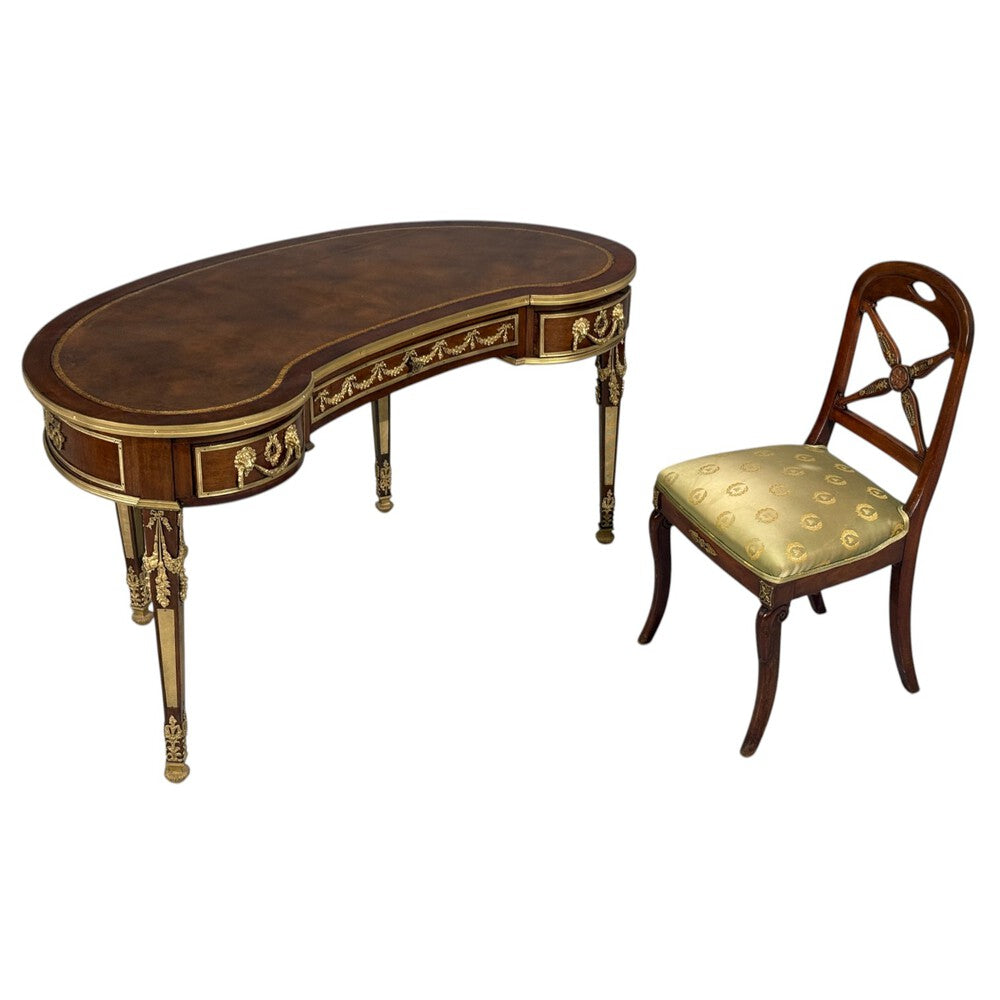Guillaume Grohé, Kidney Shaped Desk and Chair, Leather, Bronze, France, 19th c.